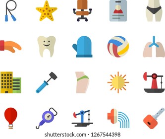 Color flat icon set skyscraper flat vector, spring balance, potholder, meat hammer, hose irrigation, sun, oil pumping, tooth, lungs, office chair, volleyball, buttocks, waistline, skipping rope, key