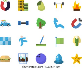 Color flat icon set skyscraper flat vector, measure, tile, hamburger, whiskey, pear, tree, bonfire, drop, magnet, flag, dumbbell, barbell, bowling ball, gymnastics, swing press, lose weight