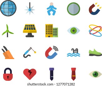 Color flat icon set skyscraper flat vector, knives, sieve, solar battery, windmill, laser, magnet, welding, earth, eye, tie, sneakers, gymnastics, pool, hoop, lock, heart