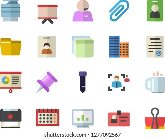 Color flat icon set skyscraper flat vector, flipchart, calendar, coffee, clip, drawing pin, chart, computer, file, recruitment, badge, sticker, phone operator, tie, copy machine, contract, stamp