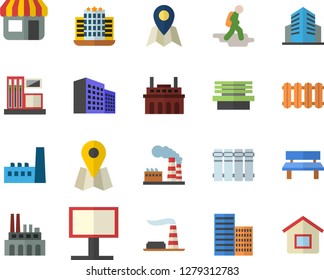 Color flat icon set skyscraper flat vector, heating batteries, bench, gas station, factory, manufactory, plant, store front, billboard, location, office building, hike fector, hotel, house