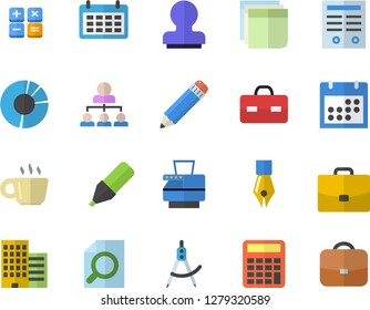 Color flat icon set skyscraper flat vector, dividers, case, marker, calendar, calculator, briefcase, coffee, clircle diagram, magnifier, ink pen, sticker, pencil, hierarchy, copy machine, contract