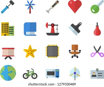 Color flat icon set skyscraper flat vector, putty knife, scissors, meat hammer, microwave, blender, windmill, oil pumping, earth, flipchart, heart, office chair, book, cpu, bicycle, sports pear, key