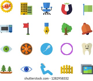 Color flat icon set skyscraper flat vector, microwave, tree, fence, ventilation, forest, flag, sell out, eye, sperm, tooth, ink pen, office chair, magnet, sports, swing press, hoop, bell, gallery