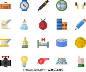 Color flat icon set skyscraper flat vector, flooring, sieve, canned food, ladybird, paint brush, main pipeline, hospital bed, pencil, pen, moon, bulb, gas burner, hostory roll, barbell, whistle