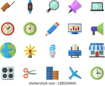 Color flat icon set skyscraper flat vector, electric stove, windmill, store front, earth, computer chart, clock, printer, pencil, laptop, energy saving lamp fector, magnifier, fitness bracelet