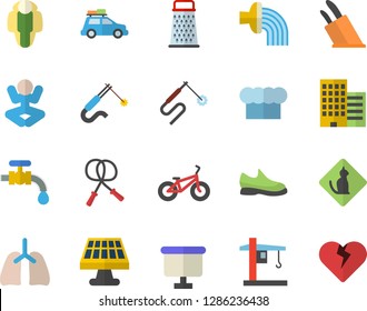 Color flat icon set skyscraper flat vector, cook hat, knives, grater, hose irrigation, water tap, solar battery, crane, welding, flipchart, lungs, sneakers, bicycle, skipping rope, yoga, lose weight