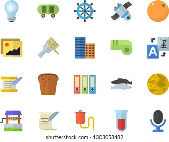Color flat icon set skyscraper flat vector, bread, spaghetti on a fork, fish, orange, well, medical warmer, blood test, moon, satellite, bulb, roll, folders for papers, skateboard, whistle