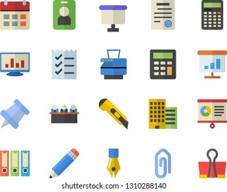 Color flat icon set skyscraper flat vector, stationery knife, flipchart, chart, computer, calculator, ink pen, to do list, meeting, pencil, copy machine, contract, pushpin, folders for papers, clip