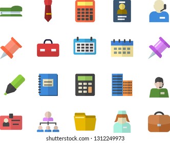 Color flat icon set skyscraper flat vector, marker, telephone operator, calendar, briefcase, nurse, notebook, drawing pin, computer file, calculator, badge, phone, tie, hierarchy, stapler, pushpin