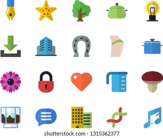 Color flat icon set skyscraper flat vector, saucepan, meashuring cup, whiskey, mushroom, tree, flower, horseshoe, heart, DNA, office building, ink pen, buttocks, starfish fector, download, lock