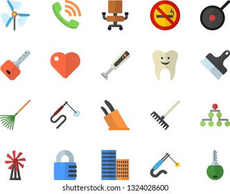 Color flat icon set skyscraper flat vector, putty knife, teflon, knives, blender, windmill, rake, welding, phone call, heart, tooth, office chair, classification, no smoking fector, lock, key