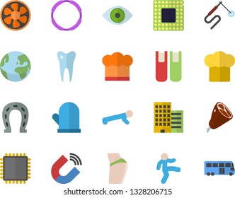Color flat icon set skyscraper flat vector, cook hat, potholder, ham, horseshoe, ventilation, magnet, welding, eye, tooth, book, cpu, buttocks, gymnastics, push up, hoop, earth fector, bus