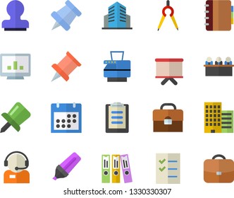 Color flat icon set skyscraper flat vector, dividers, marker, telephone operator, flipchart, clipboard, calendar, briefcase, drawing pin, computer chart, office building, folder, to do list, meeting