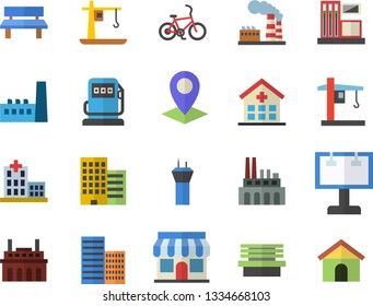 Color flat icon set skyscraper flat vector, bench, gas station, refueling, factory, manufactory, plant, crane, store front, billboard, location, hospital, airport tower fector, bicycle, house