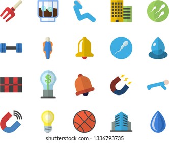 Color flat icon set skyscraper flat vector, tile, whiskey, pitchfork, drop, magnet, idea, sperm, office building, dumbbell, basketball, push up, swing press, size, bell, lamp