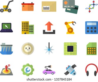 Color flat icon set skyscraper flat vector, repair, warm floor, lawn mower, accumulator, socket, hydroelectric power station, electric cars, laser, robotics, SIM card, credit, barcode, calculator