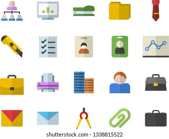 Color flat icon set skyscraper flat vector, stationery knife, dividers, case, briefcase, computer chart, file, point diagram, to do list, printer, tie, hierarchy, stapler, mail, pass, clip, user