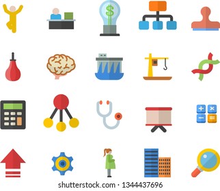 Color flat icon set skyscraper flat vector, hydroelectric power station, crane, hierarchy, cogwheel, idea, flipchart, calculator, stethoscope, gestation, DNA, office worker, brain, sports pear