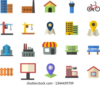 Color flat icon set skyscraper flat vector, heating batteries, bench, gas station, manufactory, plant, crane, store front, billboard, location, office building, airport tower fector, bicycle, house