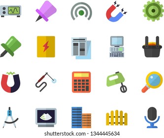 Color flat icon set skyscraper flat vector, switch box, mixer, fence, welding, dividers, metallurgy, cogwheel, news, ultrasound, drawing pin, computer, oscilloscope, magnet, calculator, broadcast