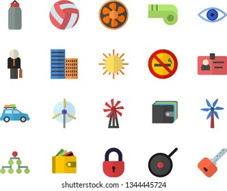 Color flat icon set skyscraper flat vector, teflon, windmill, sun, ventilation, purse, eye, badge, businessman, classification, volleyball, sports pear, whistle, car fector, no smoking, lock, key