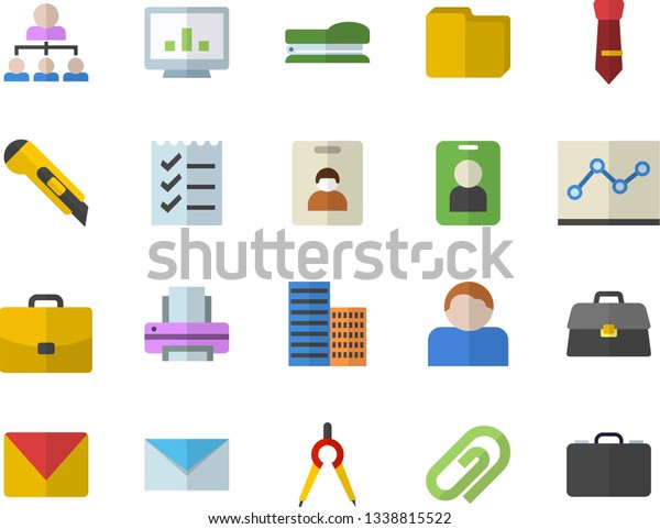Color flat icon set skyscraper flat vector,
stationery knife, dividers, case, briefcase, computer chart, file,
point diagram, to do list, printer, tie, hierarchy, stapler, mail,
pass, clip, user