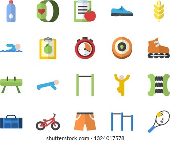 Color flat icon set sneakers flat vector, diet, bicycle, stopwatch, carpal expander, parallel bars, sports equipment horse, athletic shorts, roller Skates, target, swimming, push up, gymnastics