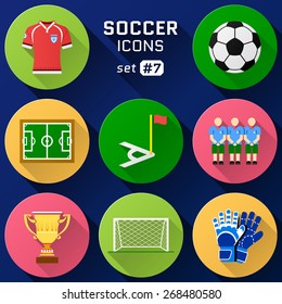 Color flat icon set of soccer elements. Pack of symbols for association football. Qualitative vector icons about soccer, sport game, championship, gameplay, etc