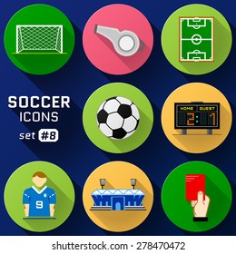 Color flat icon set of soccer elements. Pack of symbols for association football. Qualitative vector icons about soccer, sport game, championship, gameplay, etc