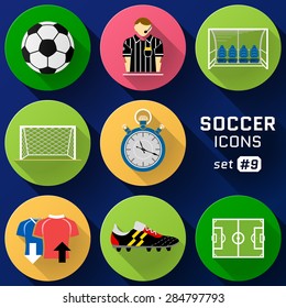 Color flat icon set of soccer elements. Pack of symbols for association football. Qualitative vector icons about soccer, sport game, championship, gameplay, etc