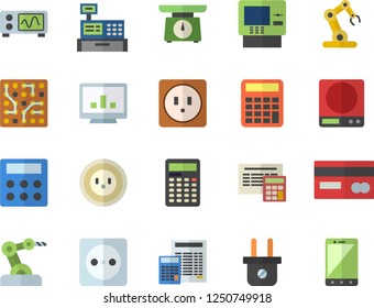 Color flat icon set sockets flat vector, calculator, weighing machine, socket, plug, credit card, cash, computer chart, oscilloscope, industrial robot, electronic circuit, dispenser fector, mobile