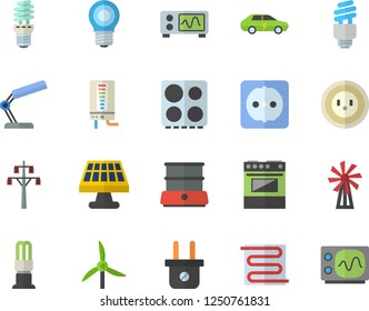 Color flat icon set sockets flat vector, warm floor, boiler, electric stove, double, windmill, solar battery, lamp, socket, plug, power line support, energy saving, cars, reading, fector