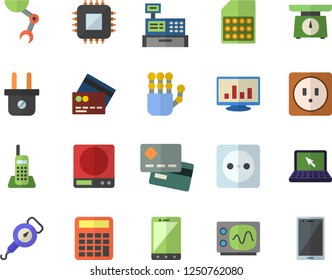 Color flat icon set sockets flat vector, weighing machine, spring balance, socket, plug, motherboard, SIM card, credit, cash, computer chart, telephone, laptop, robot hand, oscilloscope, calculator