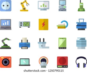 Color flat icon set sockets flat vector, switch box, weighing machine, plug socket, robotics, tomograph, computer chart, telephone, printer, copy, laptop, oscilloscope, industrial robot, mobile
