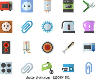 Color flat icon set sockets flat vector, boiler, electric kettle, stove, induction cooker, gas, microwave, mixer, blender, coffee machine, secateurs, clip