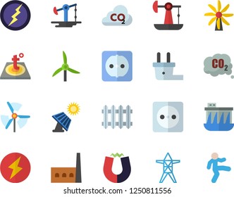 Color flat icon set sockets flat vector, warm floor, solar battery, oil pumping, windmill, socket, plug, power line support, hydroelectric station, manufactory, carbon dioxide, radiator, lightning