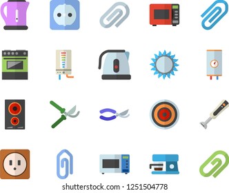 Color flat icon set sockets flat vector, boiler, electric kettle, stove, induction cooker, gas, microwave, blender, coffee machine, secateurs, clip