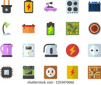 Color flat icon set sockets flat vector, switch box, electric kettle, stove, induction cooker, battery, accumulator, socket, plug, cars, motherboard, reading lamp, lightning, electronic circuit
