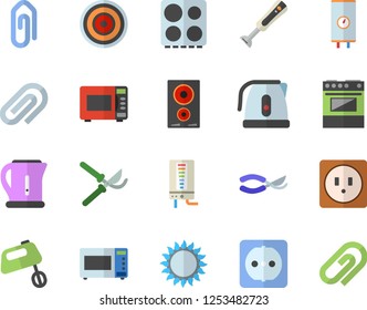 Color flat icon set sockets flat vector, boiler, electric kettle, stove, induction cooker, gas, microwave, mixer, blender, secateurs, clip