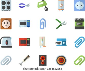 Color flat icon set sockets flat vector, boiler, electric kettle, stove, induction cooker, microwave, mixer, blender, coffee machine, secateurs, clip