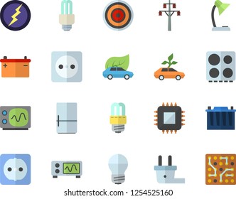 Color flat icon set sockets flat vector, energy saving lamp, electric stove, induction cooker, fridge, accumulator, socket, plug, power line support, eco cars, motherboard, reading, fector