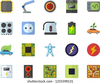 Color flat icon set sockets flat vector, switch box, electric kettle, stove, induction cooker, battery, power line support, eco cars, motherboard, reading lamp, cpu, oscilloscope, lightning