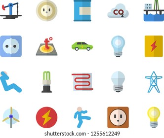 Color flat icon set sockets flat vector, energy saving lamp, switch box, warm floor, oil production platform, pumping, socket, power line support, electric cars, carbon dioxide, bulb, lightning