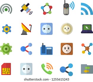 Color flat icon set sockets flat vector, socket, cogwheel, satellite antenna, SIM card, molecules, phone call, telephone, laptop, satellit, share, broadcast, file sharing