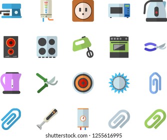 Color flat icon set sockets flat vector, boiler, electric kettle, stove, induction cooker, gas, microwave, mixer, blender, coffee machine, secateurs, clip