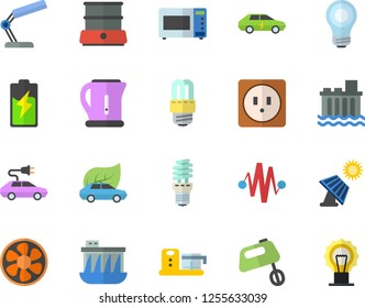 Color flat icon set sockets flat vector, energy saving lamp, electric kettle, microwave, mixer, double boiler, food processor, ventilation, battery, solar, hydroelectric power station, eco cars