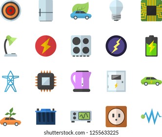 Color flat icon set sockets flat vector, energy saving lamp, switch box, electric kettle, stove, induction cooker, fridge, battery, accumulator, power line support, eco cars, motherboard, reading