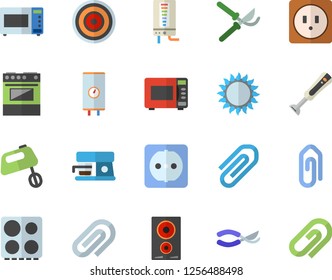 Color flat icon set sockets flat vector, boiler, electric stove, induction cooker, gas, microwave, mixer, blender, coffee machine, secateurs, clip