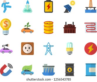 Color flat icon set sockets flat vector, energy saving lamp, warm floor, oil production platform, battery, solar, tanks, power line support, hydroelectric station, plant, eco cars, electric, magnet